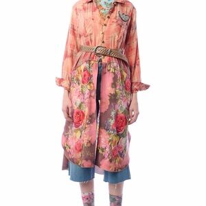 Aratta Pink Floral Button Scarlett Maxi Down Shirt Top Medium M